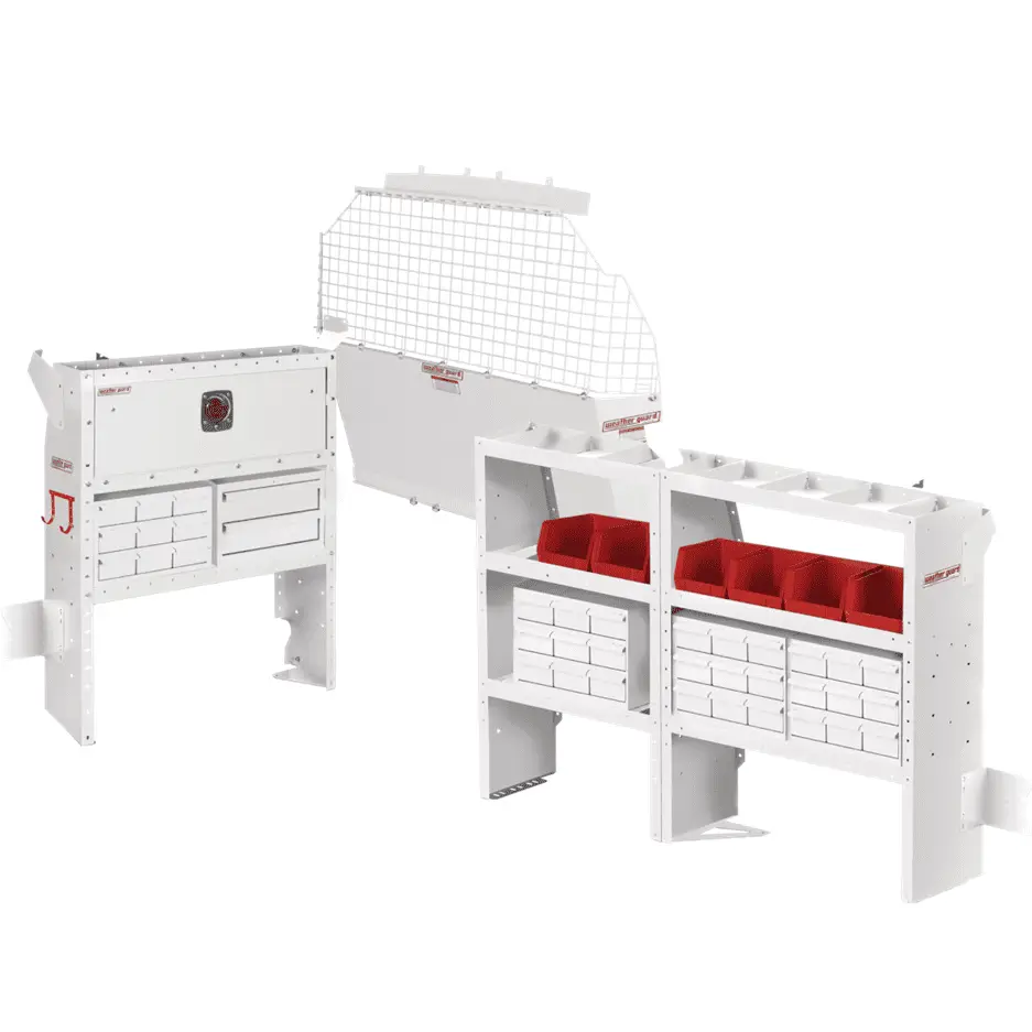 White metal storage system with shelves, drawers, and red bins. Includes a protective grid divider. Suitable for vehicle or workshop organization.