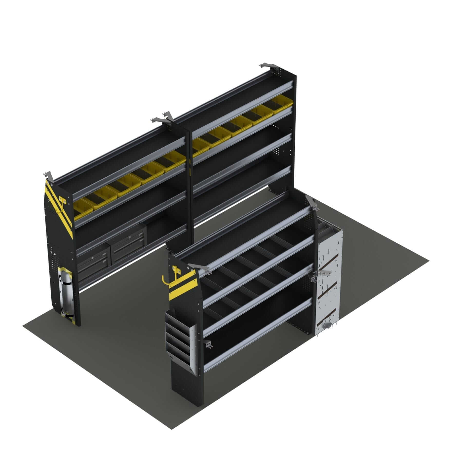 A 3D render of a black metal shelving unit with multiple yellow bins and drawers, set on a gray floor.