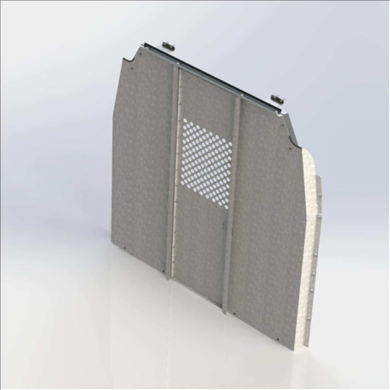 Gray metallic wall panel with a central perforated square section, standing upright on a reflective surface.