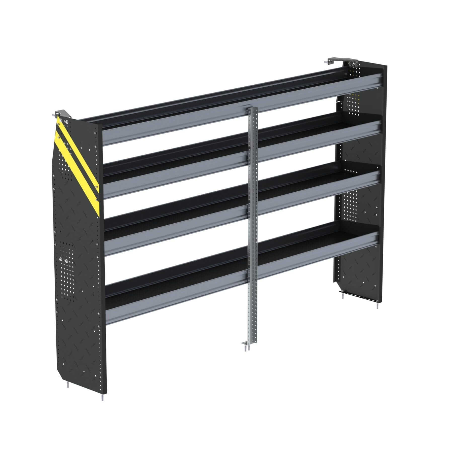 Industrial shelving unit with three horizontal shelves, metal frame, and a yellow diagonal stripe on the left side.